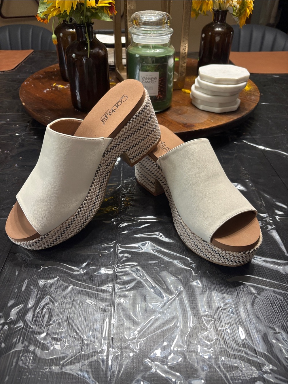 Corkys Cream Open-Toe Woven Platform Mule Heels